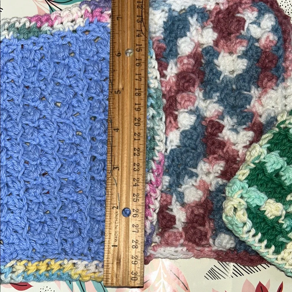 Handmade Crochet wash cloths and draw string bag for soap slivers. In blue green